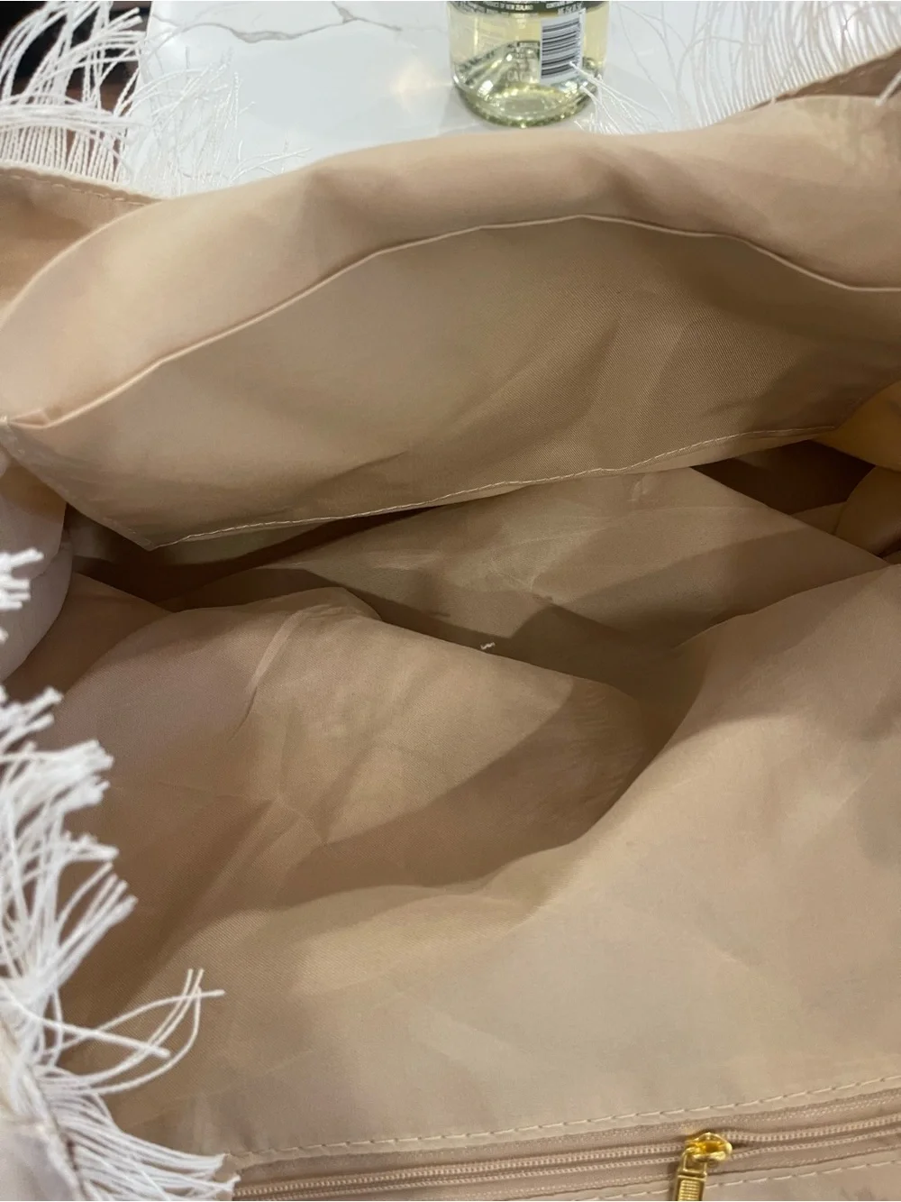 Dolce Vita Cream Canvas Fringe Tote with Light Blue Logo